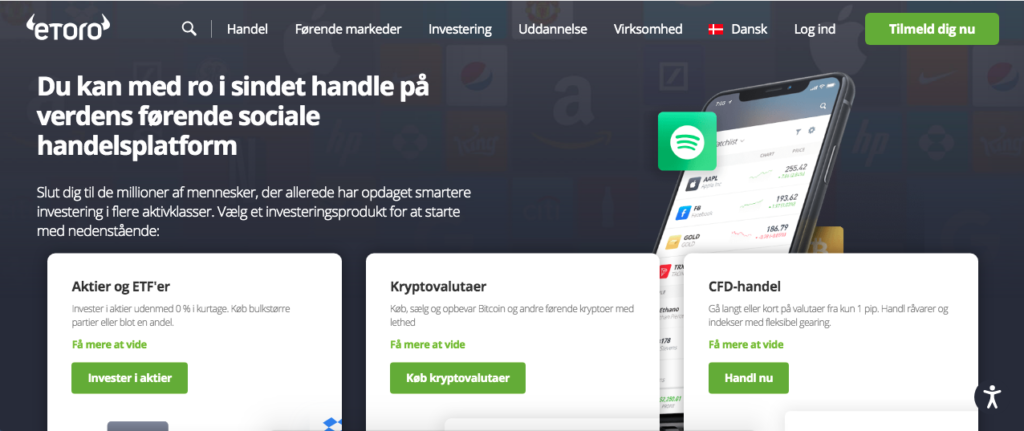 eToro hjemmeside på dansk